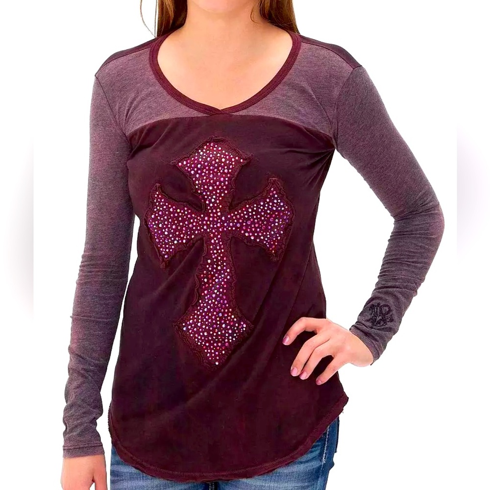 Velvet Stone Abalone Cross Appliqué Maroon Long Sleeve Tee Size Medium